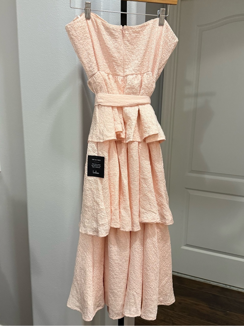 Lulus Truly Marvelous Blush Pink Jacquard Strapless Tiered Midi Dress Size XL - Picture 5 of 7